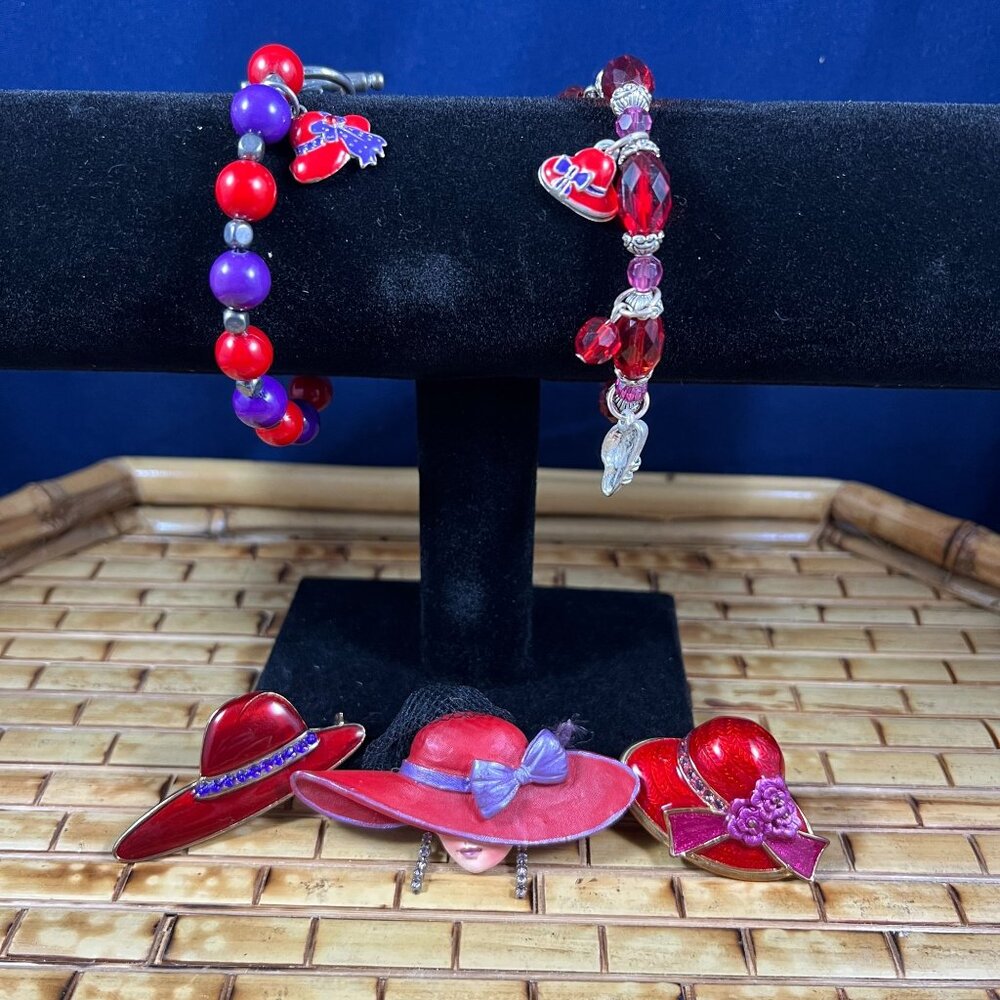 Red Hat Society Jewelry Set With 2 Bracelets & 3 Brooch Pins